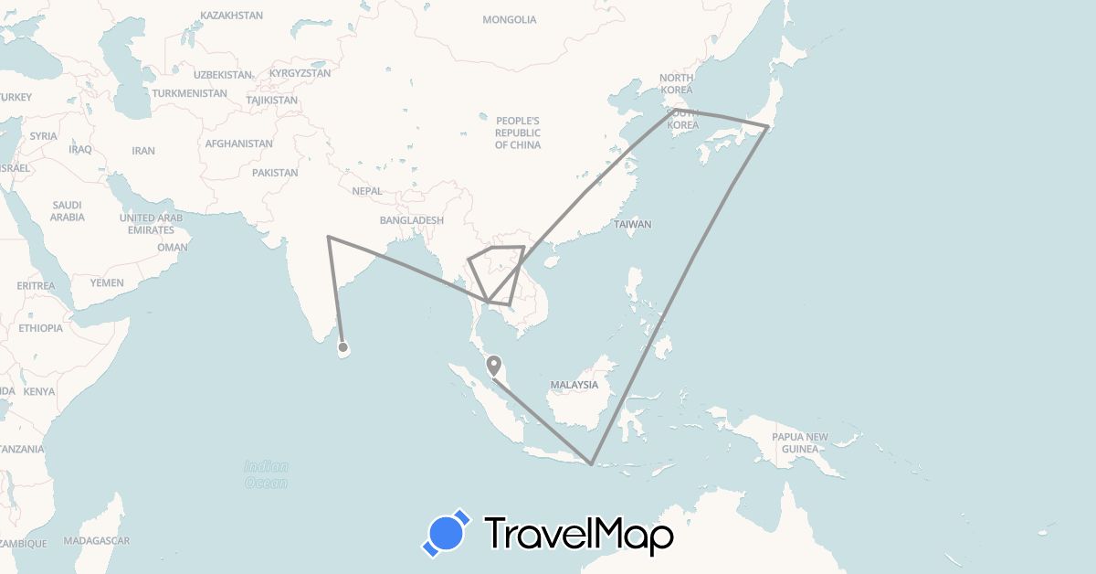 TravelMap itinerary: plane in Indonesia, India, Japan, Cambodia, South Korea, Laos, Sri Lanka, Malaysia, Thailand, Vietnam (Asia)